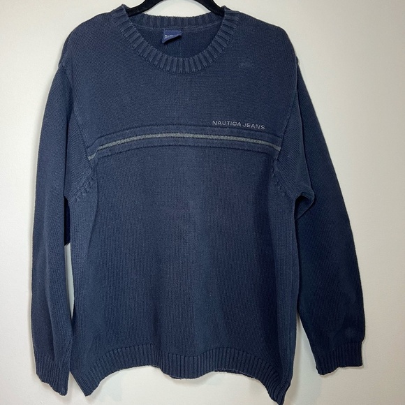 Nautica Mens Sweater Navy Blue 90s Stripe Heavy Embroidered Y2K Vintage Sz Large - Picture 1 of 11